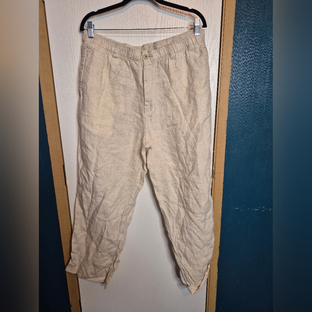 ☀️🌧Tommy Bahama Relax 100% Linen Pants High Rise Wide Leg Elastic Waist Beige